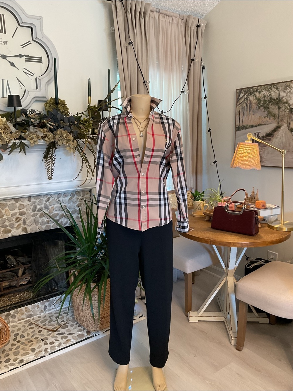 Burberry Beige and Pink Plaid Button-Down Shirt